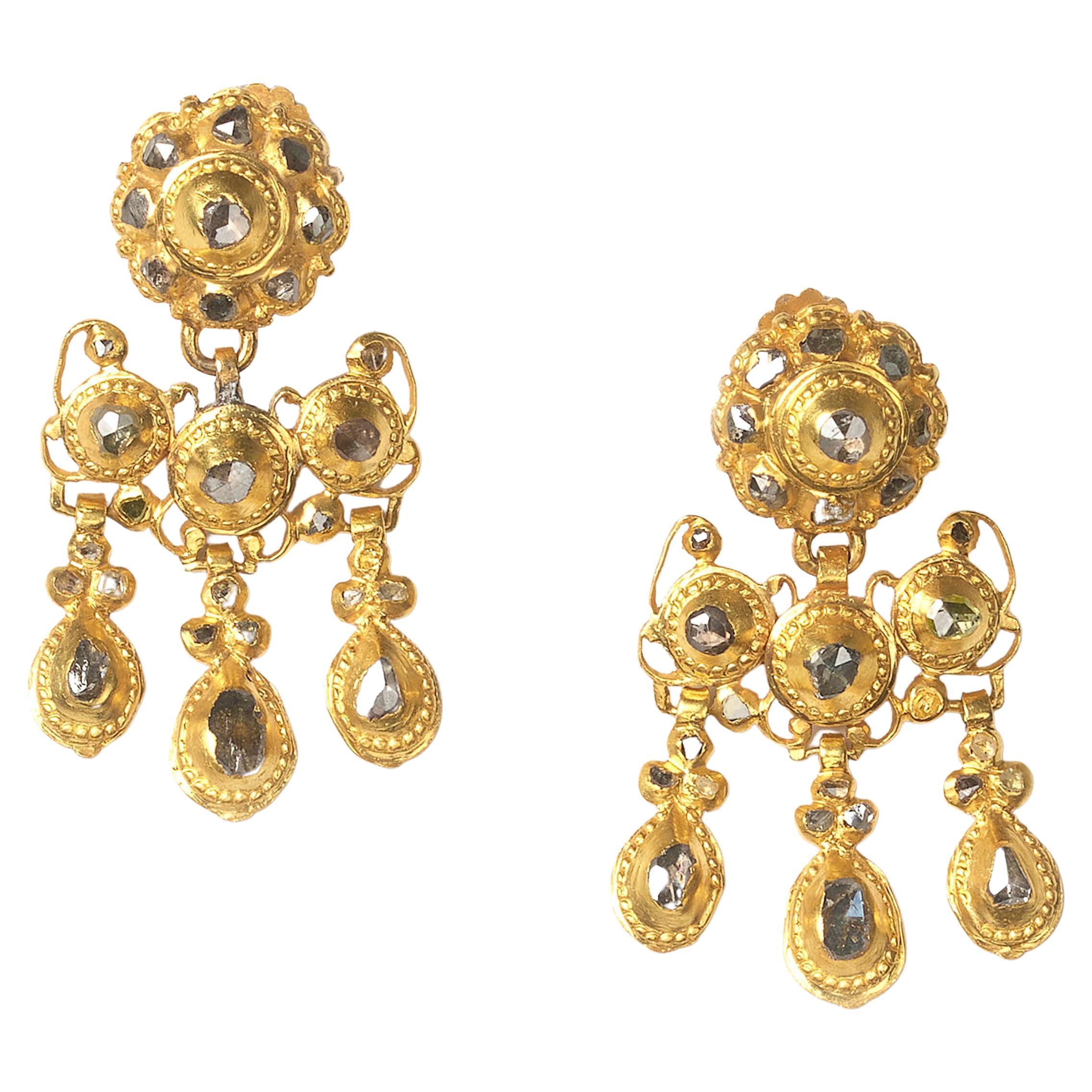 Antique Spanish Diamond and Gold Girandole Earrings, Circa 1780 For Sale