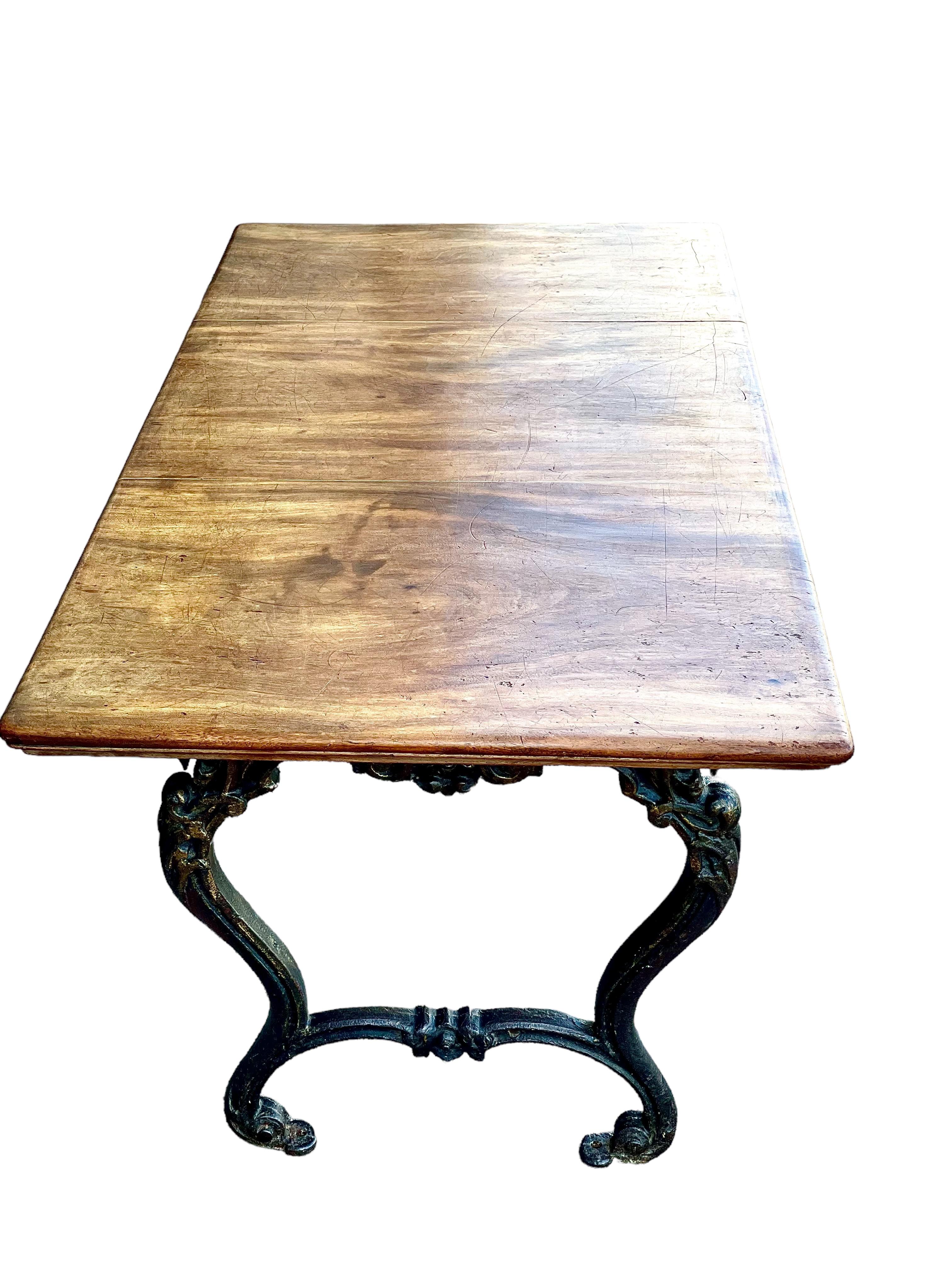 Spanish Antique Dining Table with Cast Iron Legs and Walnut Top