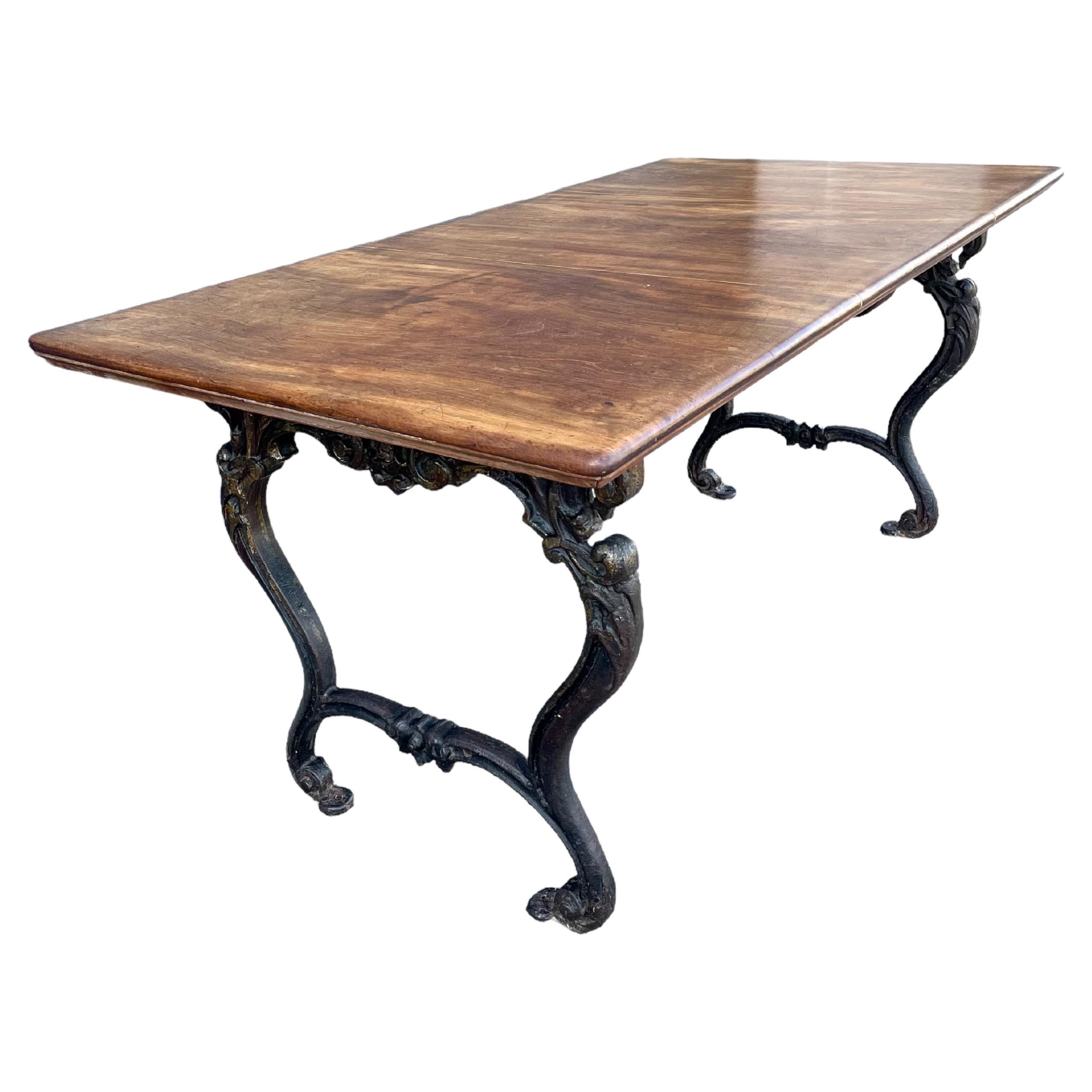 Antique Dining Table with Cast Iron Legs and Walnut Top