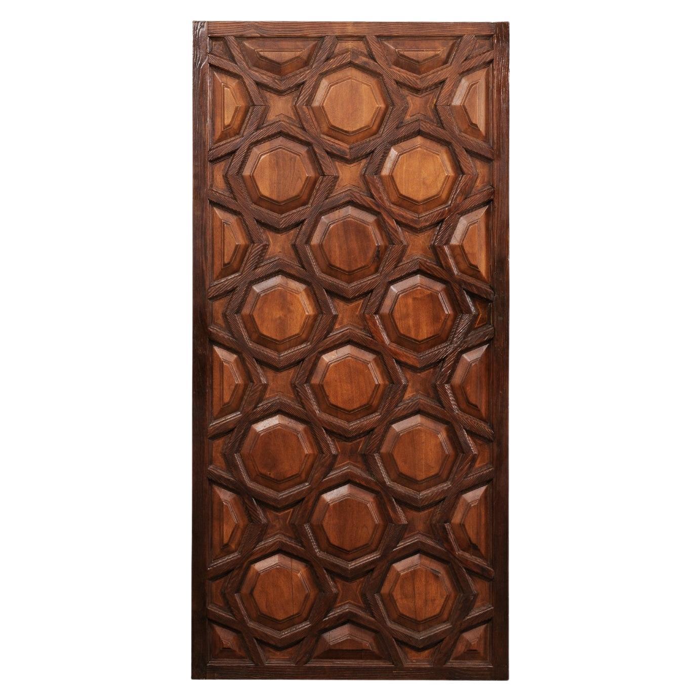 Antique Spanish Door with Both Sides Adorned in Octagonal-Carved Wood Panels