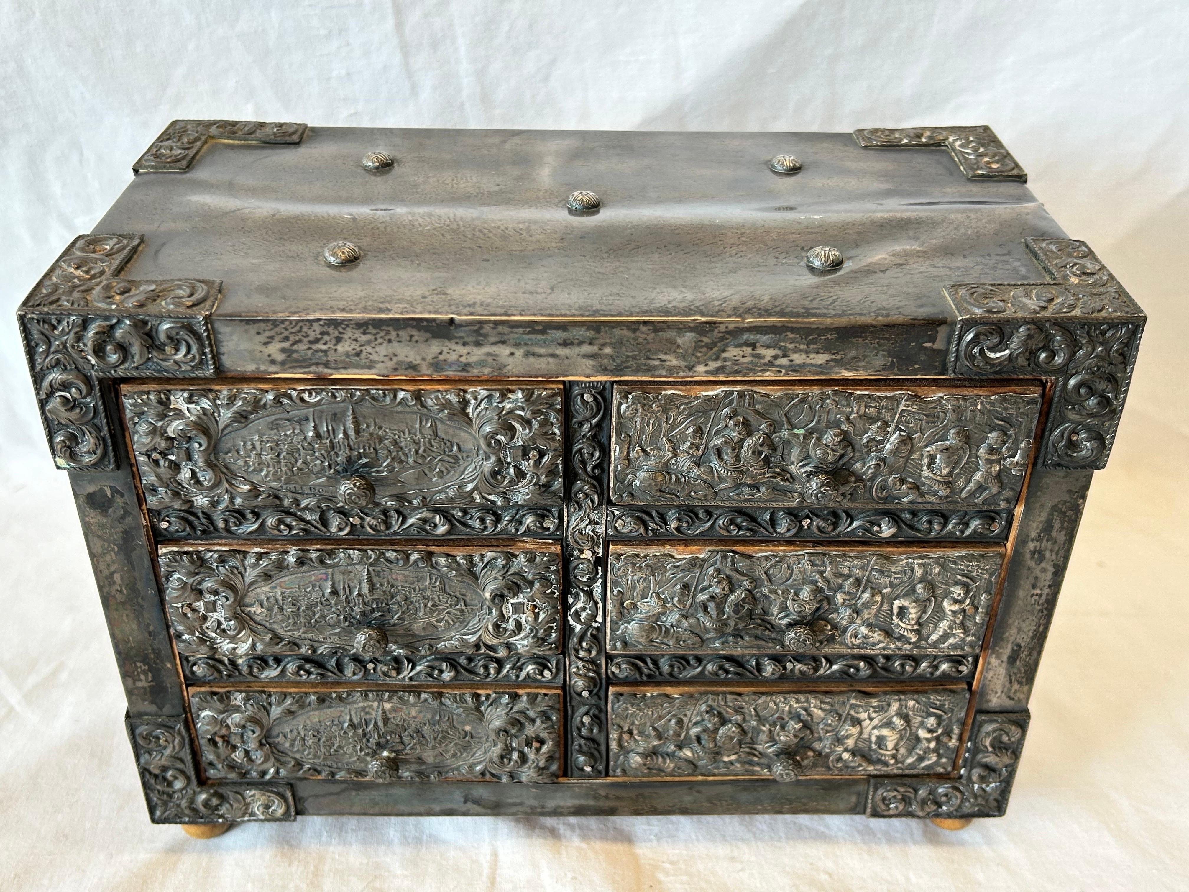 Antique Spanish Embossed Silver Baroque Style Six Drawer Casket Siege of Toledo For Sale 8