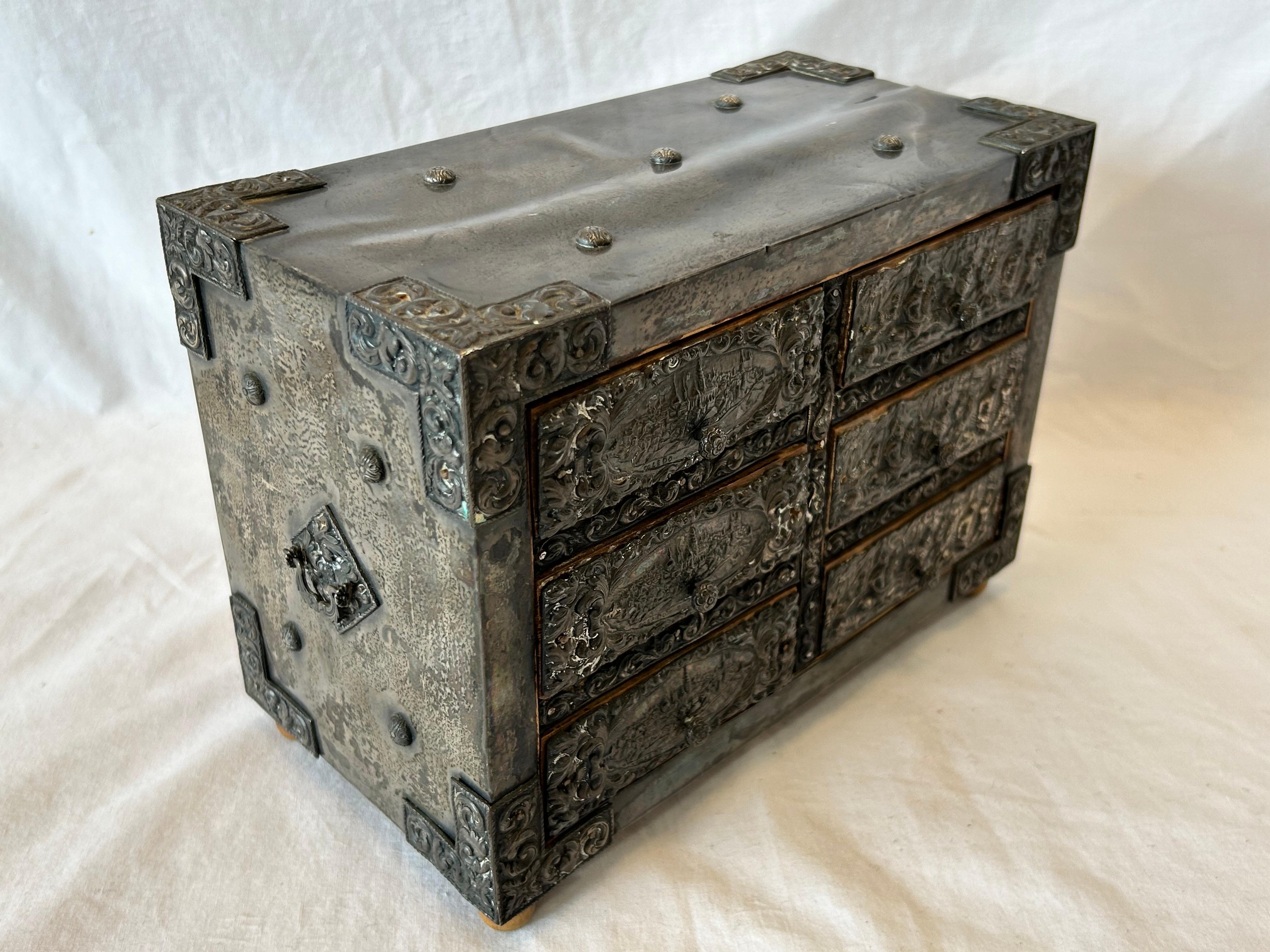 Antique Spanish Embossed Silver Baroque Style Six Drawer Casket Siege of Toledo For Sale 9
