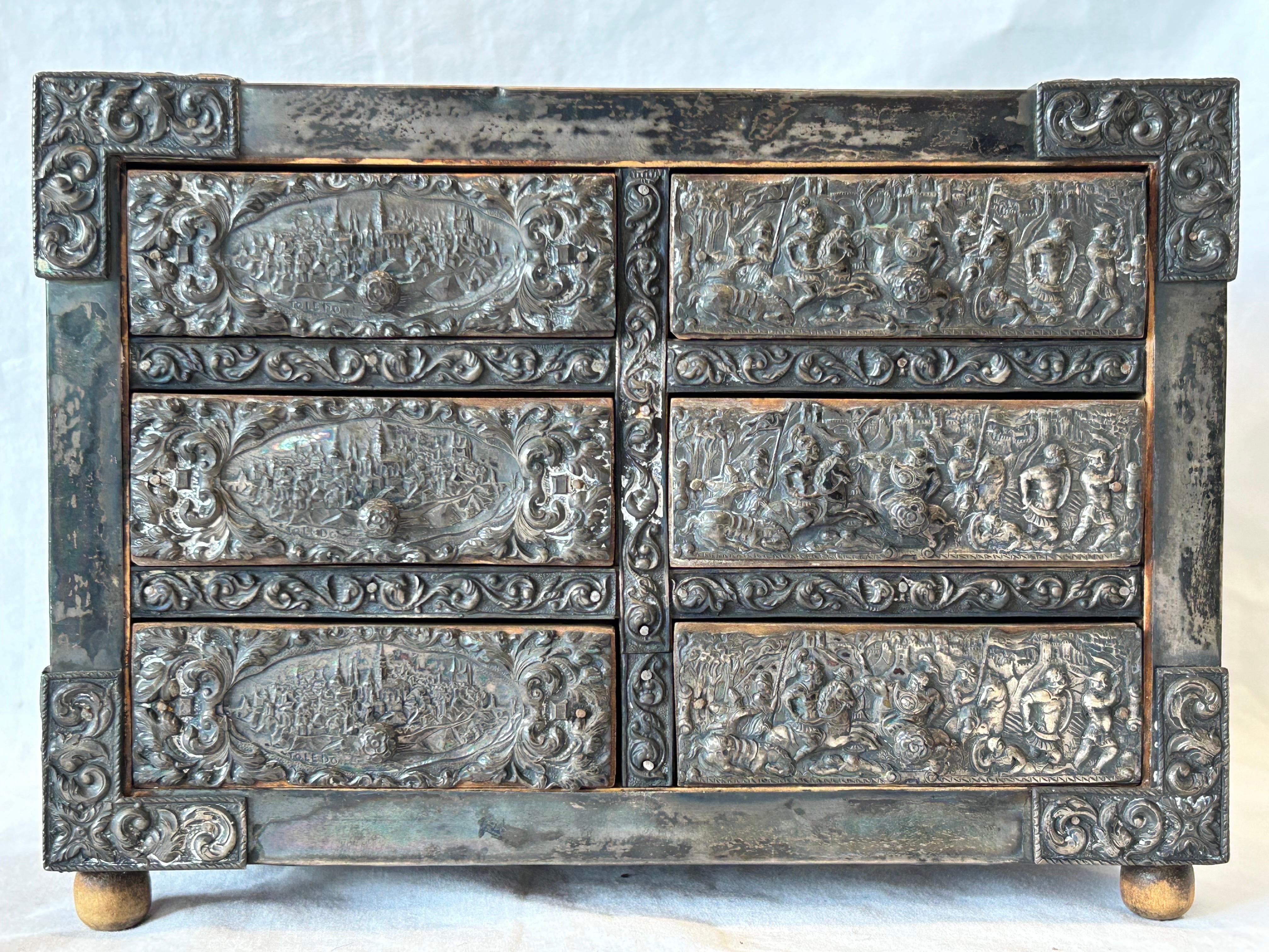Antique Spanish Embossed Silver Baroque Style Six Drawer Casket Siege of Toledo For Sale 4