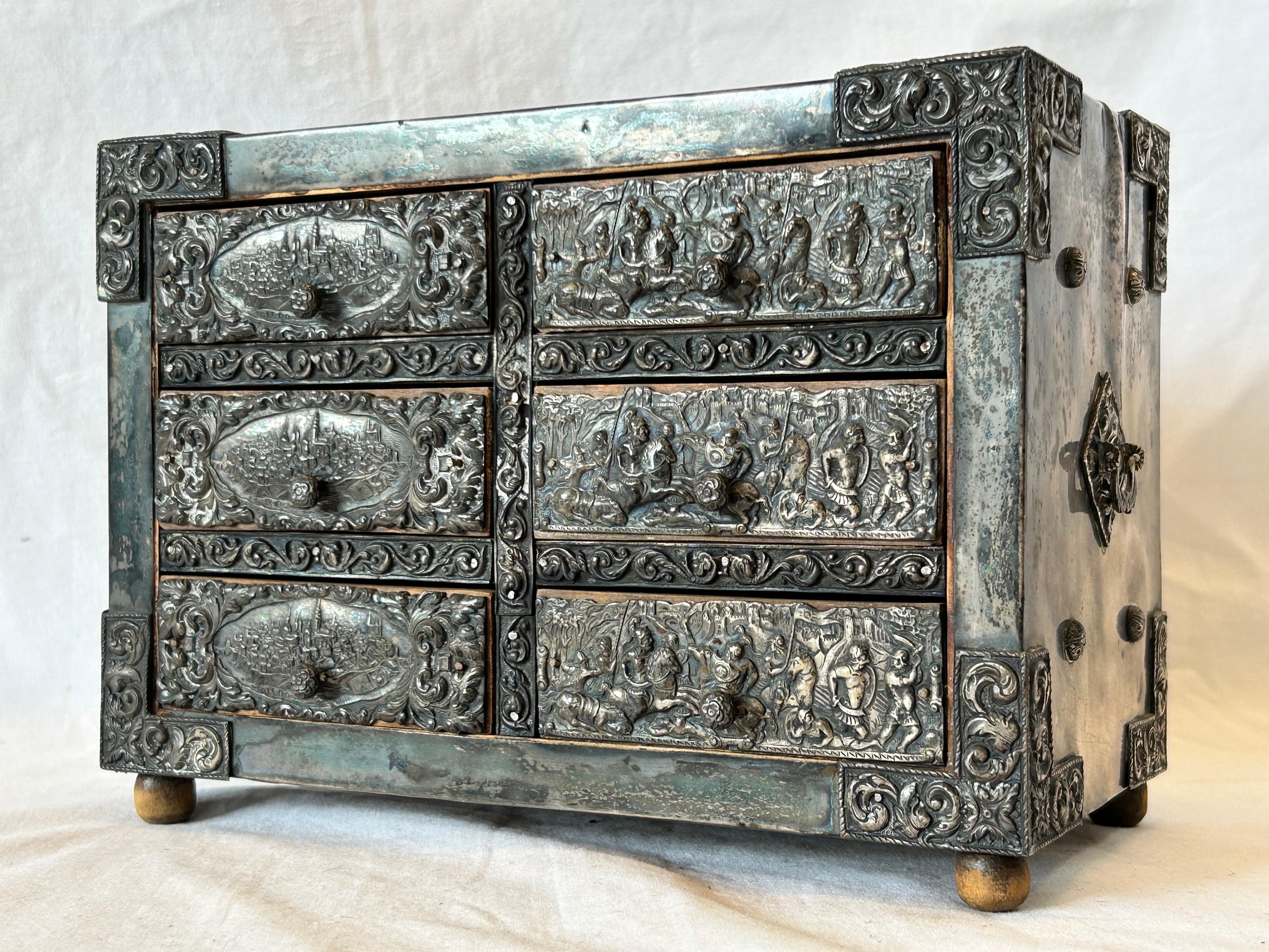 Antique Spanish Embossed Silver Baroque Style Six Drawer Casket Siege of Toledo For Sale 5