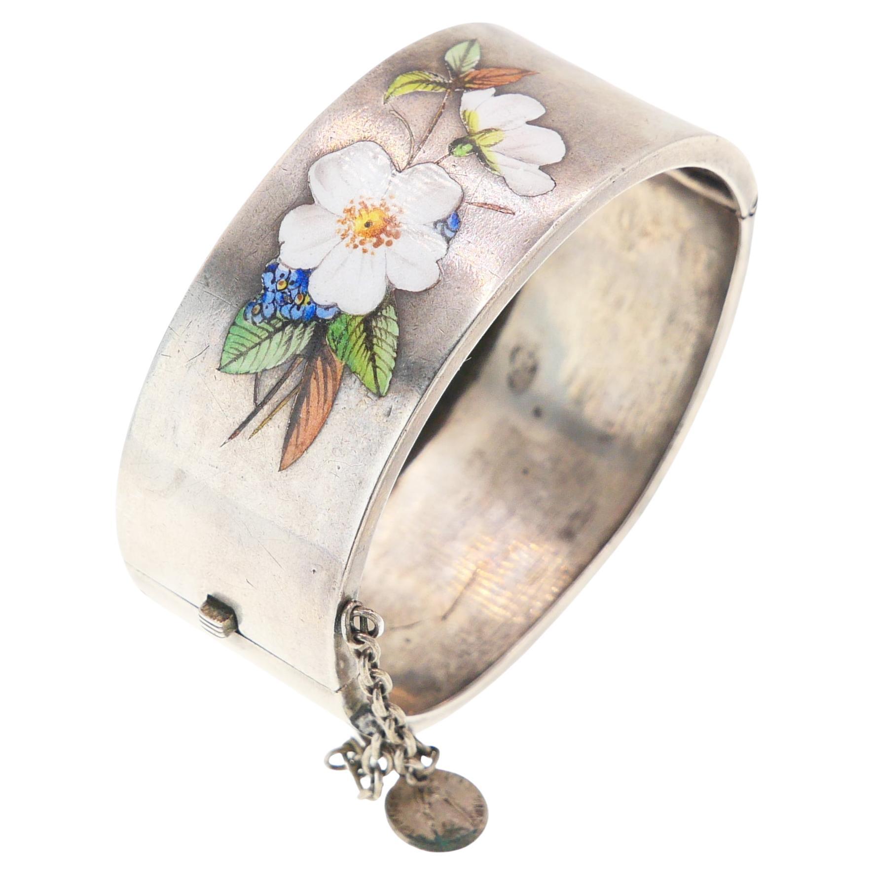 Antique Spanish Enamel Sterling Silver Bangle Bracelet / 34 gr For Sale