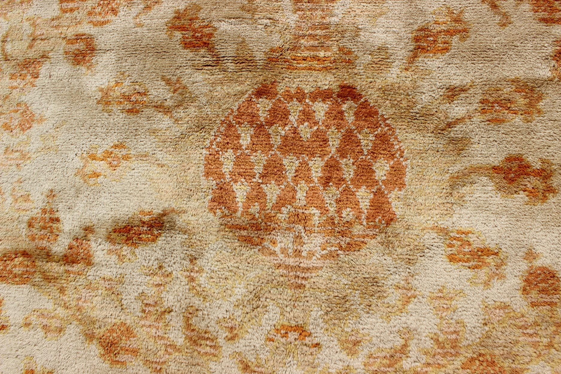 Arts and Crafts Antique Spanish European Carpet with Pineapple Design in Gold, Cream & Tangerine For Sale