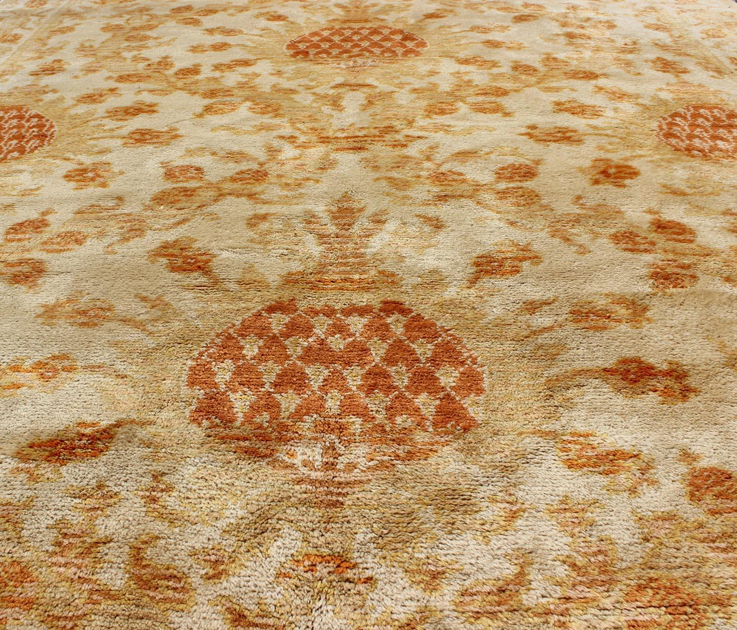 Antique Spanish European Carpet with Pineapple Design in Gold, Cream & Tangerine For Sale 3