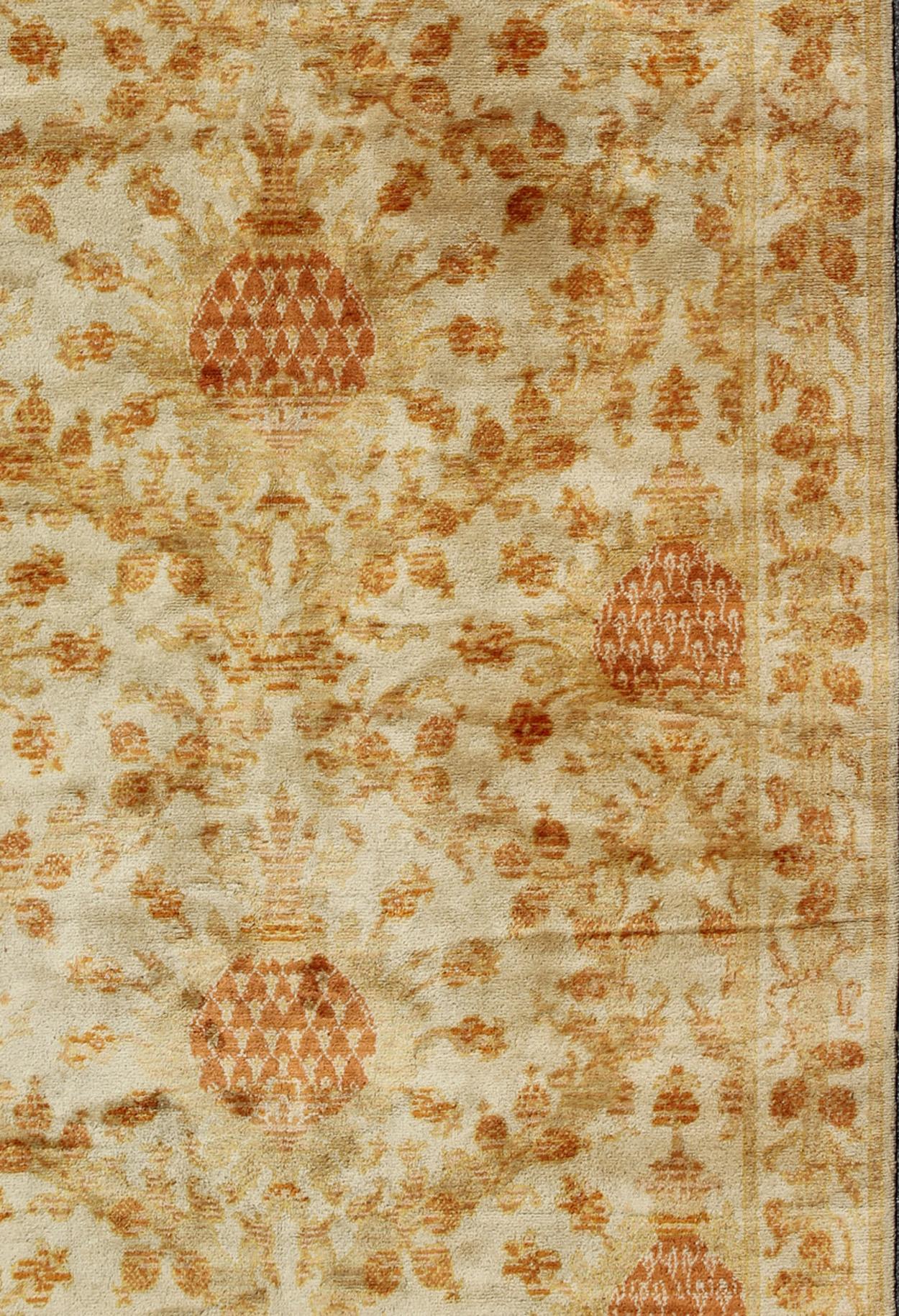 Wool Antique Spanish European Carpet with Pineapple Design in Gold, Cream & Tangerine For Sale