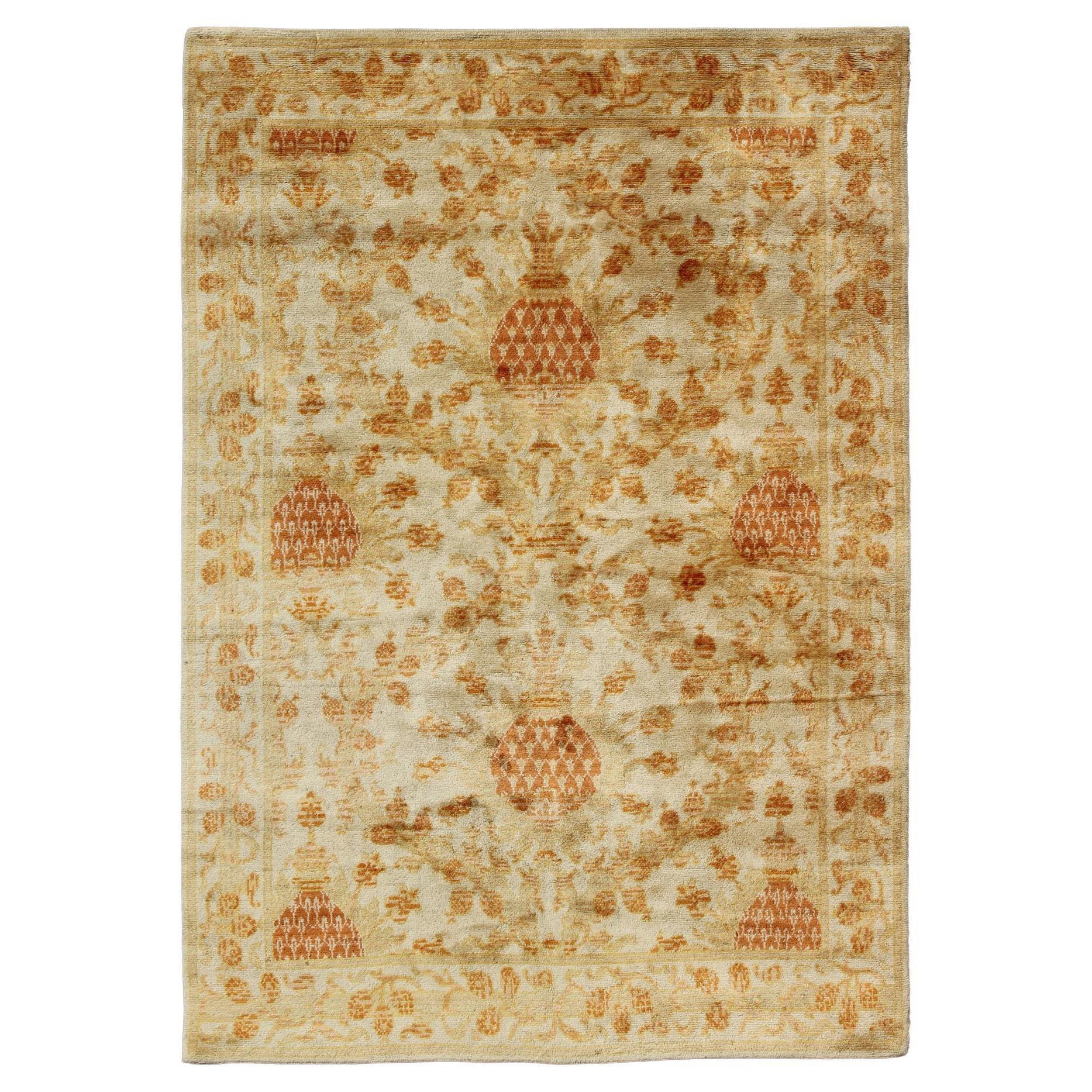 Antique Spanish European Carpet with Pineapple Design in Gold, Cream & Tangerine For Sale