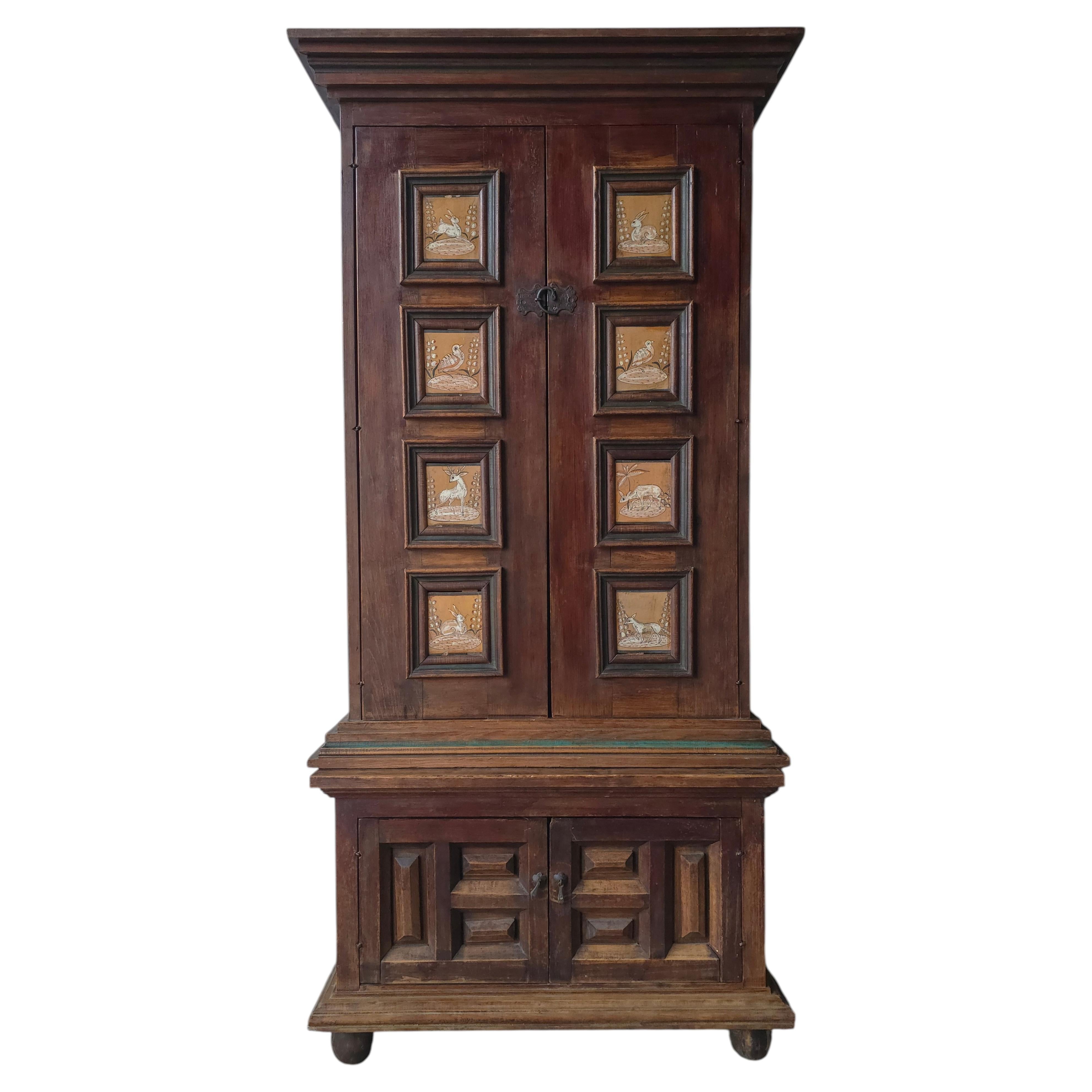 Antique Spanish European Patinaed Wood Cabinet with Tile Detail