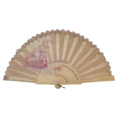 Antique Spanish fan in silk and pink lace with bone frame