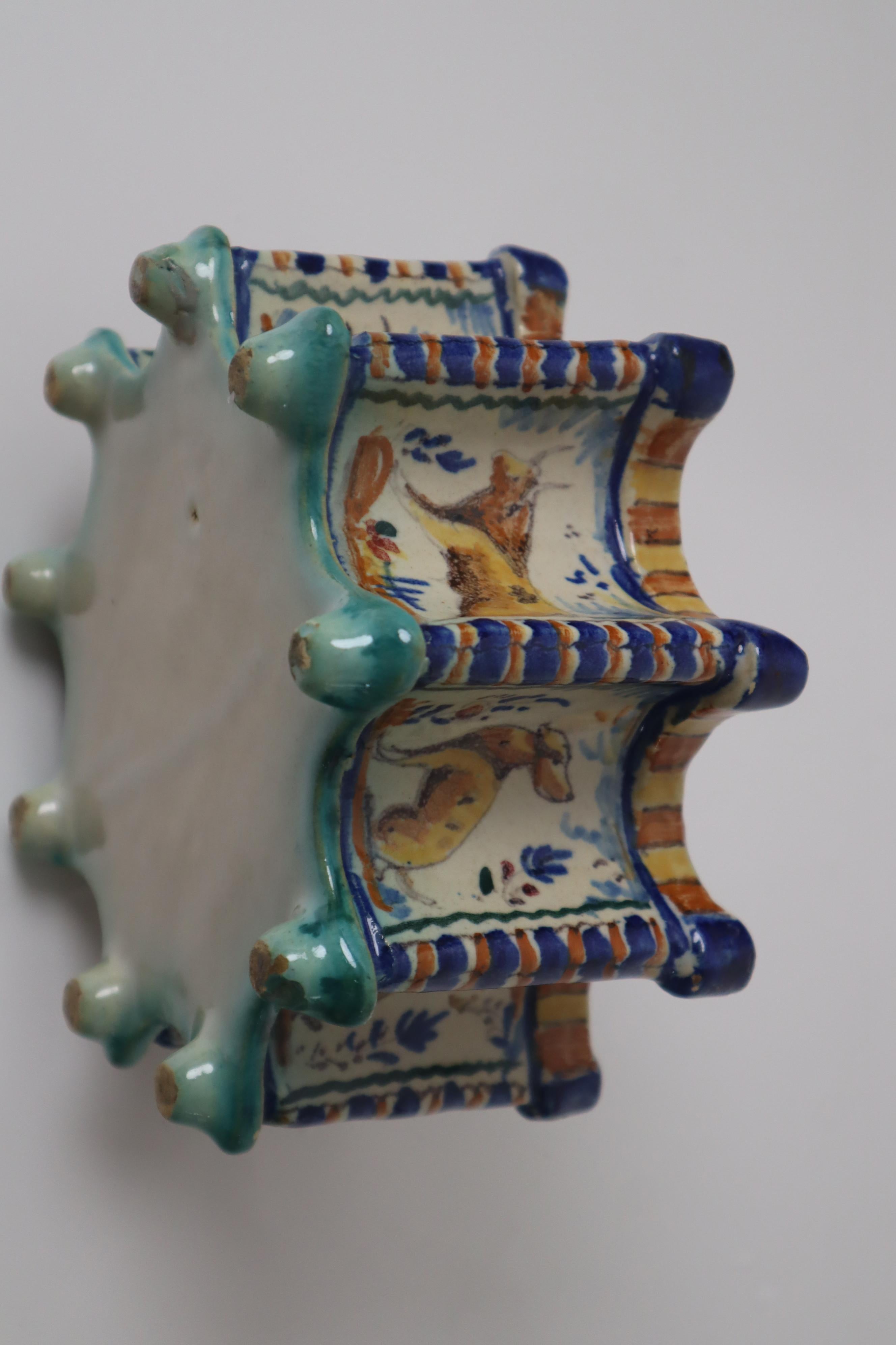 Polychromed antique Spanish fiance teapot warmer with hunting motifs For Sale