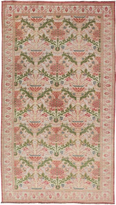 Antique Spanish Gallery Rug with Coral, Olive, and Cream Floral Design
