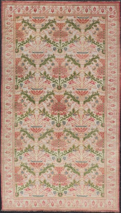 Antique Spanish Gallery Rug with Coral, Olive, and Cream Floral Design