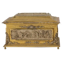 Antique Spanish Gilt Bronze Decorative Casket Box / Silvered & Lined Interior