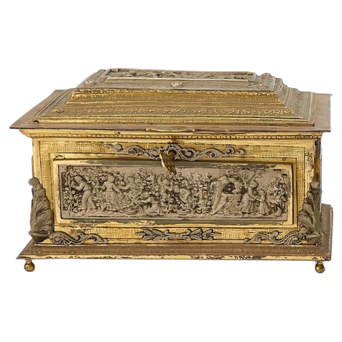 Boîte décorative ancienne espagnole en bronze doré / argenté, avec intérieur doublé