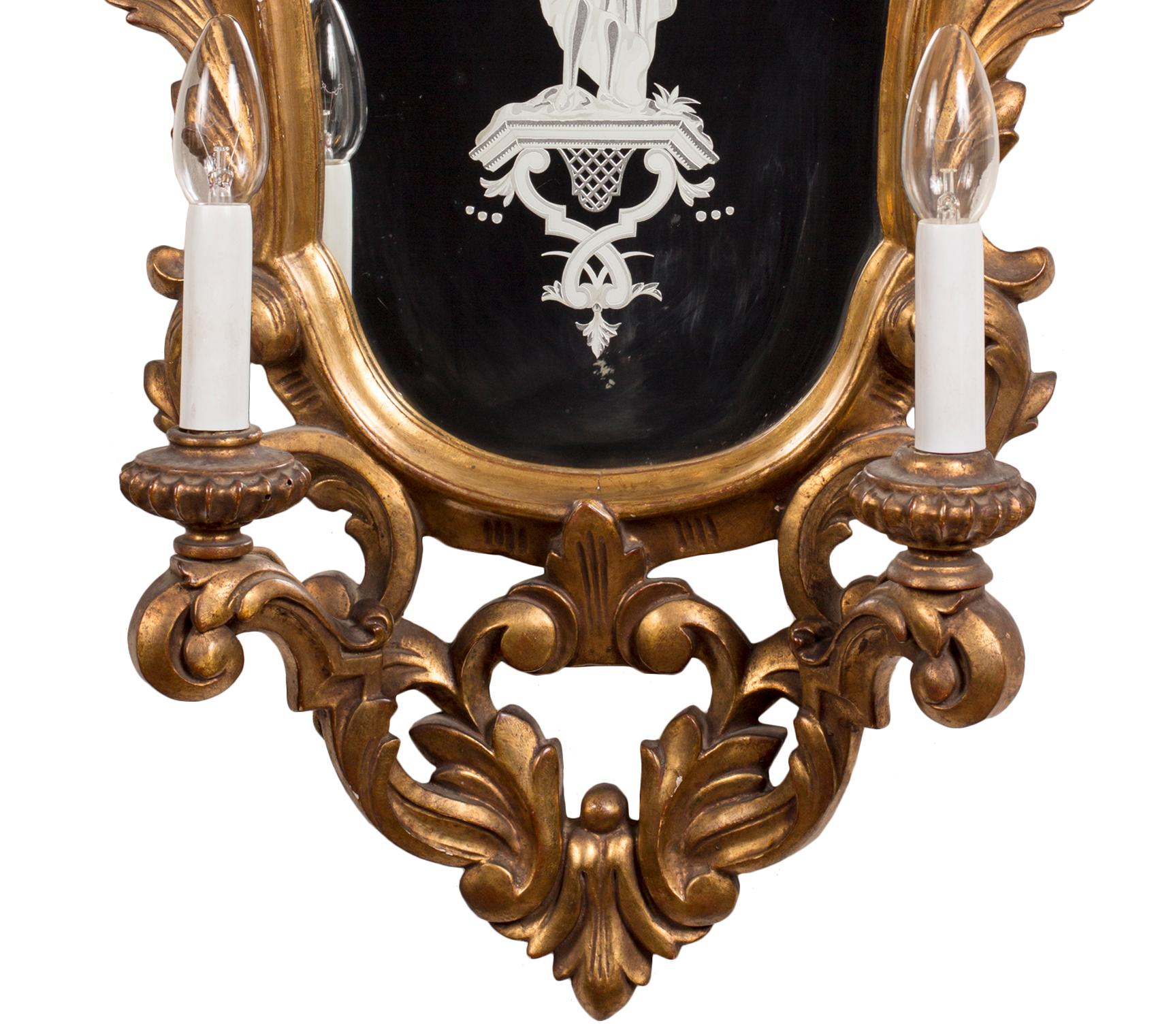Carved Antique Spanish Giltwood Mirror Sconce, Etched Classical Design, Electrified For Sale