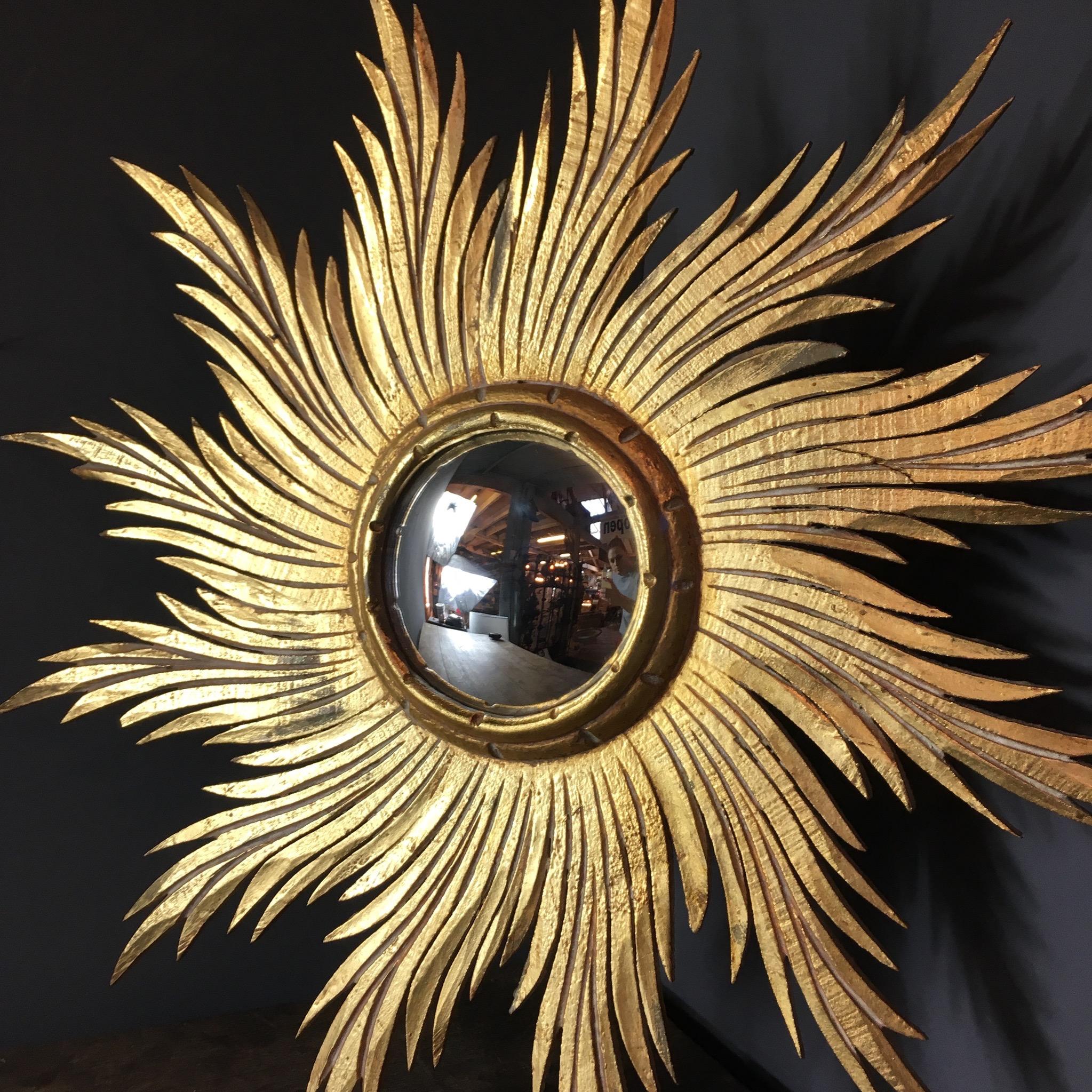 Antique Spanish Giltwood Sunburst Convex Mirror 3