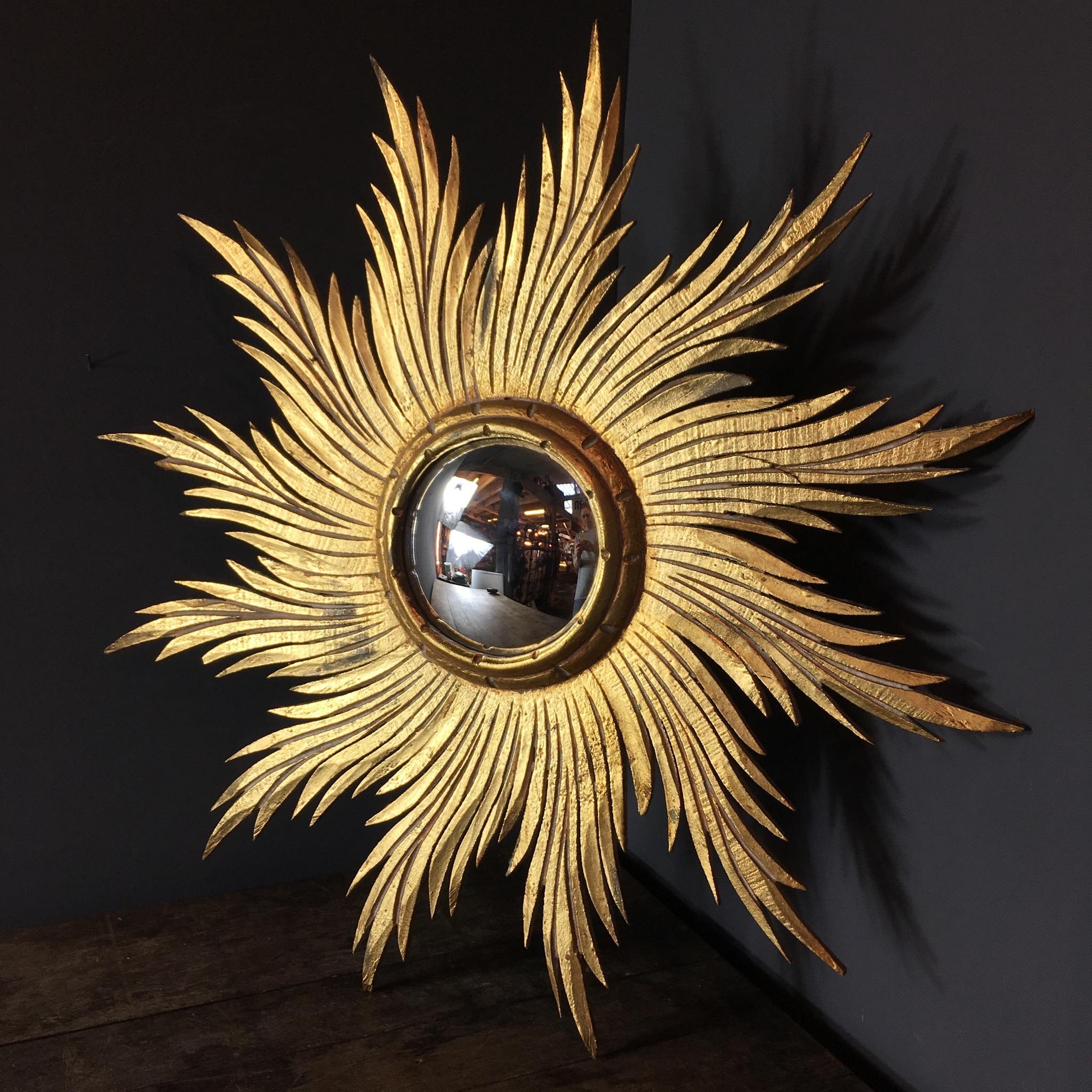 Antique Spanish Giltwood Sunburst Convex Mirror 1