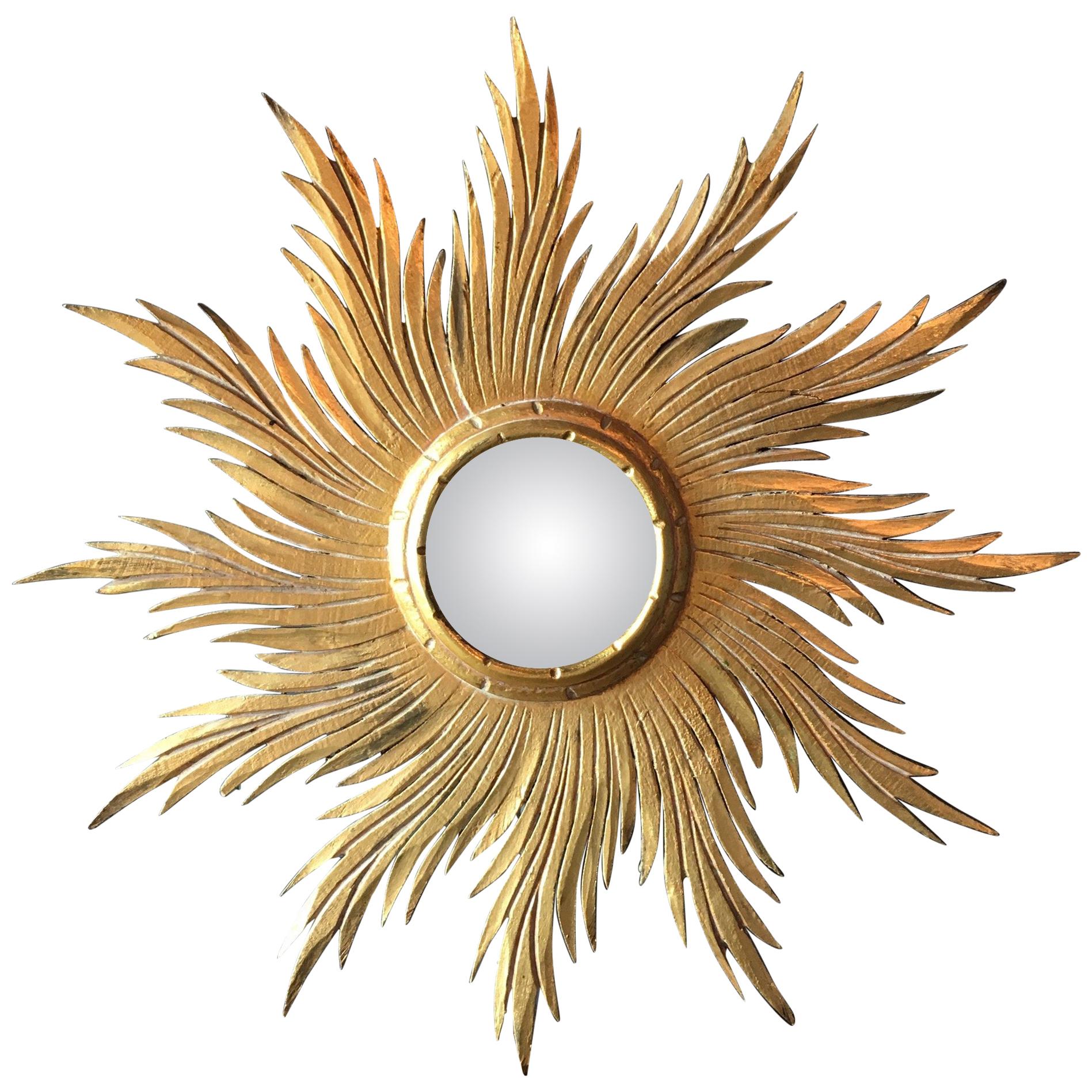 Antique Spanish Giltwood Sunburst Convex Mirror