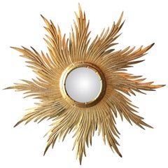 Antique Spanish Giltwood Sunburst Convex Mirror