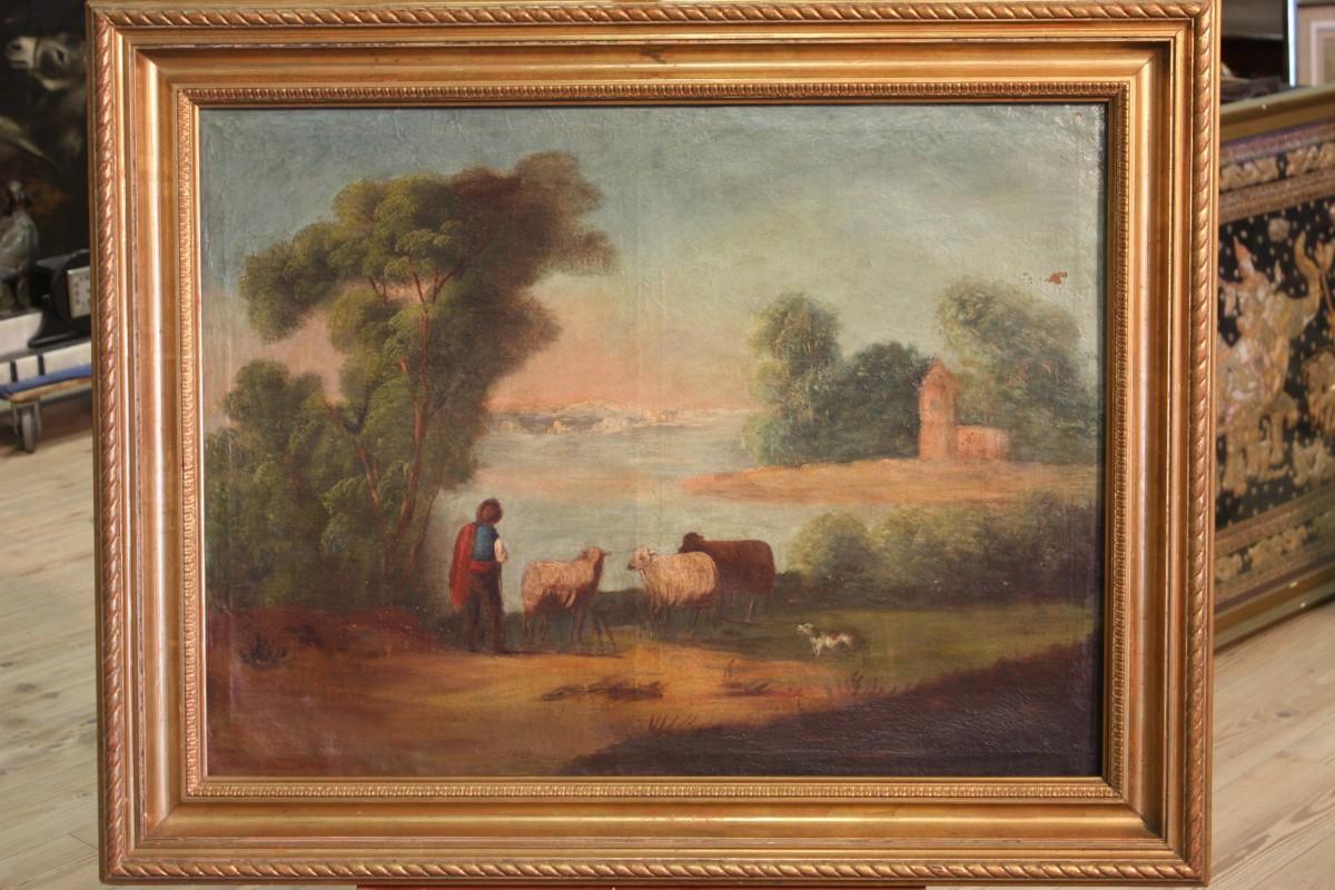 Antique Spanish Landscape Painting with Shepherd from the 19th Century In Good Condition For Sale In London, GB