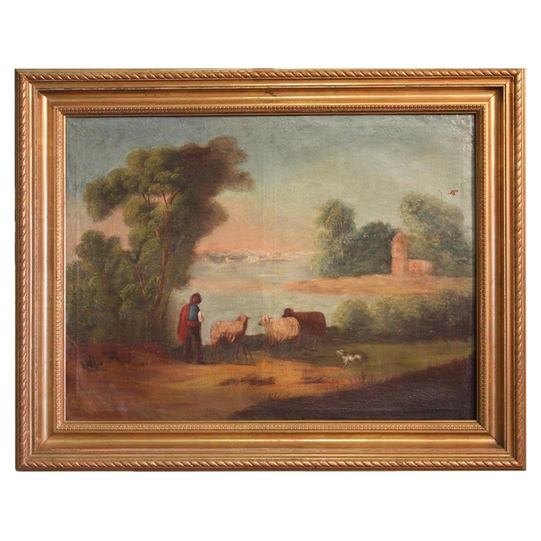 Antique Spanish Landscape Painting with Shepherd from the 19th Century For Sale