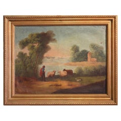 Antique Spanish Landscape Painting with Shepherd from the 19th Century