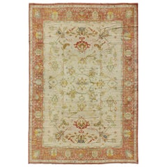 Vintage Spanish Large Rug in Ivory Background, Green and Coral Border