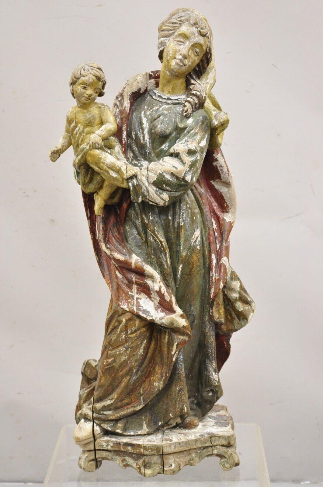 Antique Spanish Latin Polychromed Carved Wood Figure Madonna and Child Statue For Sale 7
