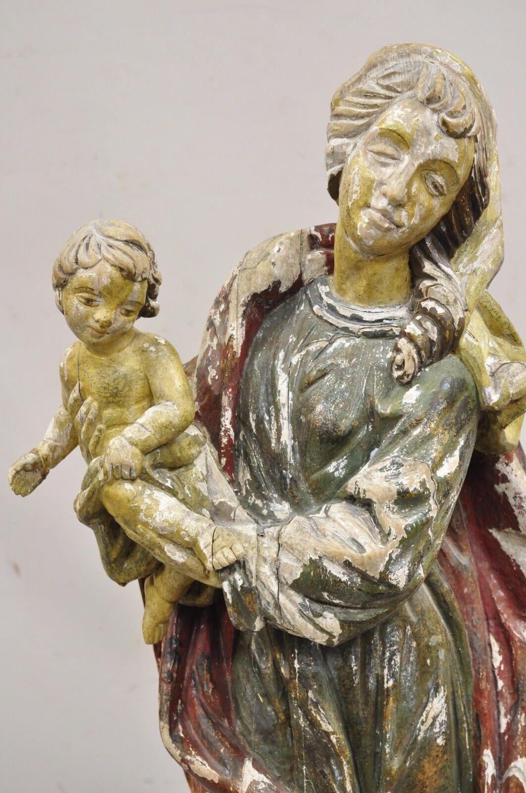 Spanish Colonial Antique Spanish Latin Polychromed Carved Wood Figure Madonna and Child Statue For Sale