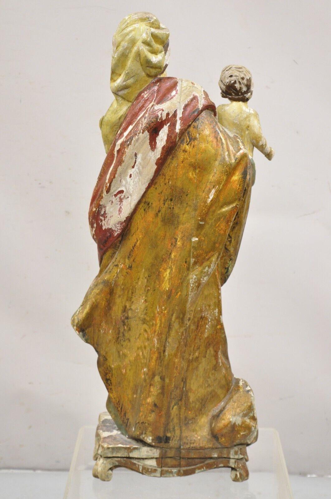 Antique Spanish Latin Polychromed Carved Wood Figure Madonna and Child Statue For Sale 3