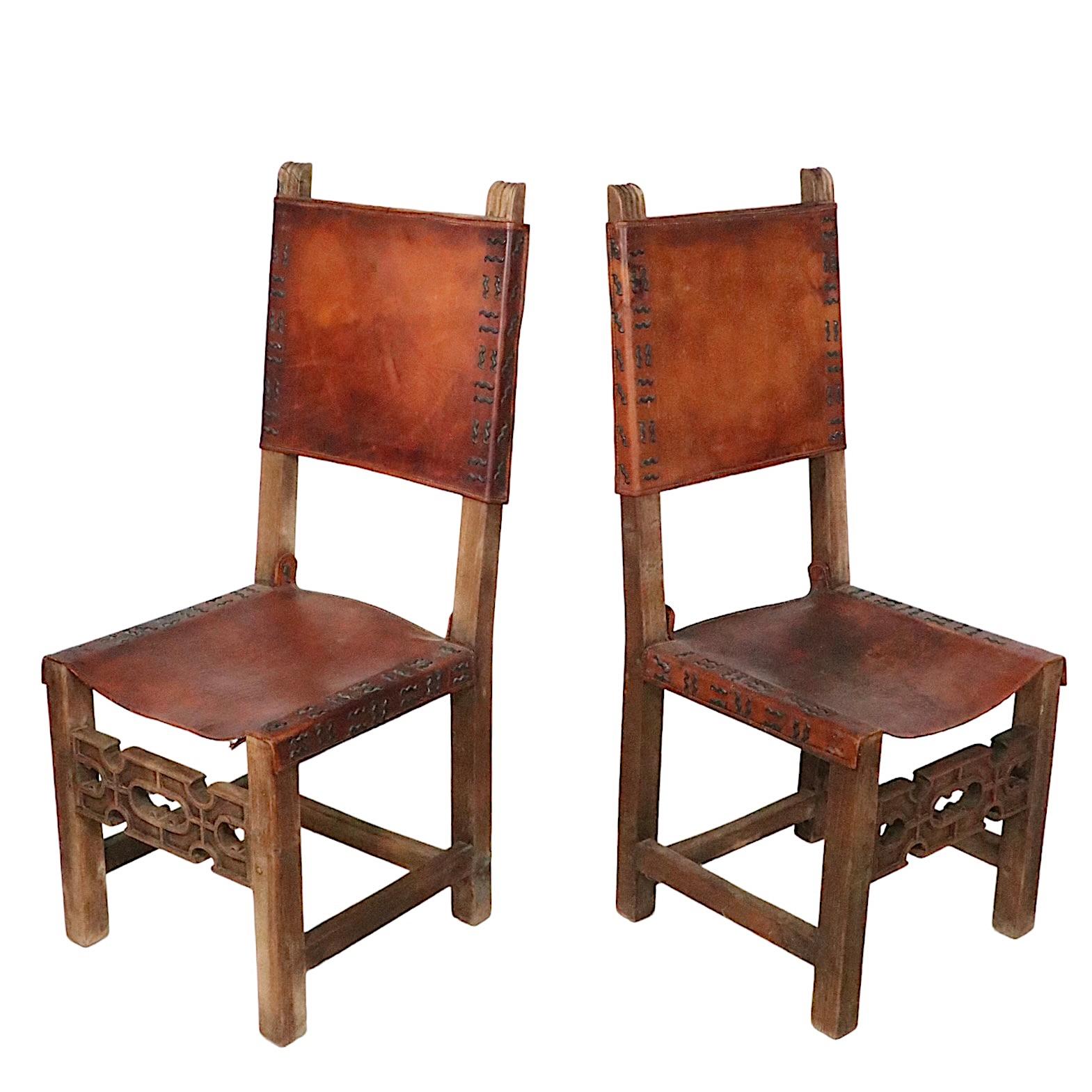 Antique Spanish Leather and Wood Dining Chairs For Sale 6