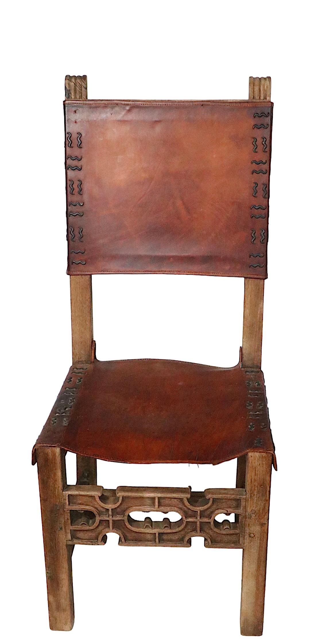 Antique Spanish Leather and Wood Dining Chairs For Sale 10