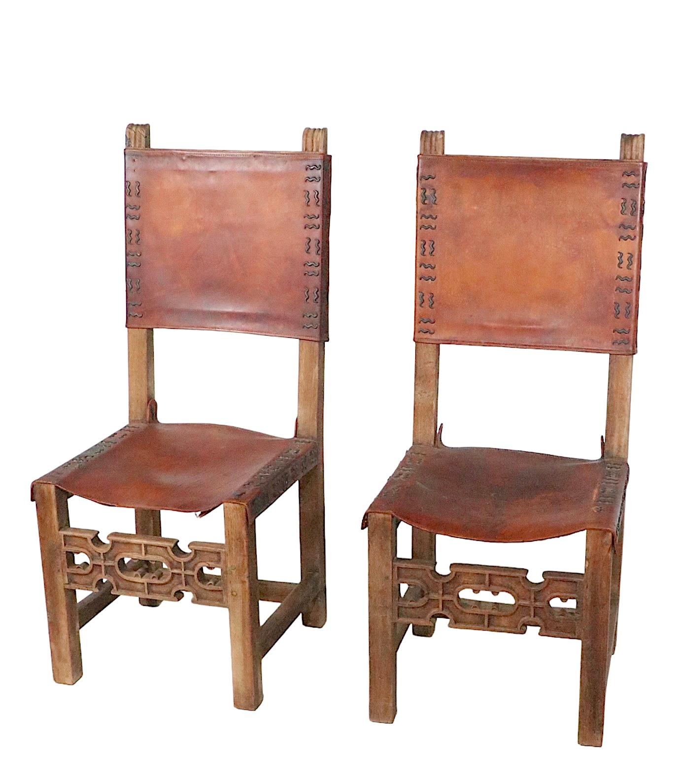 Antique Spanish Leather and Wood Dining Chairs For Sale 11