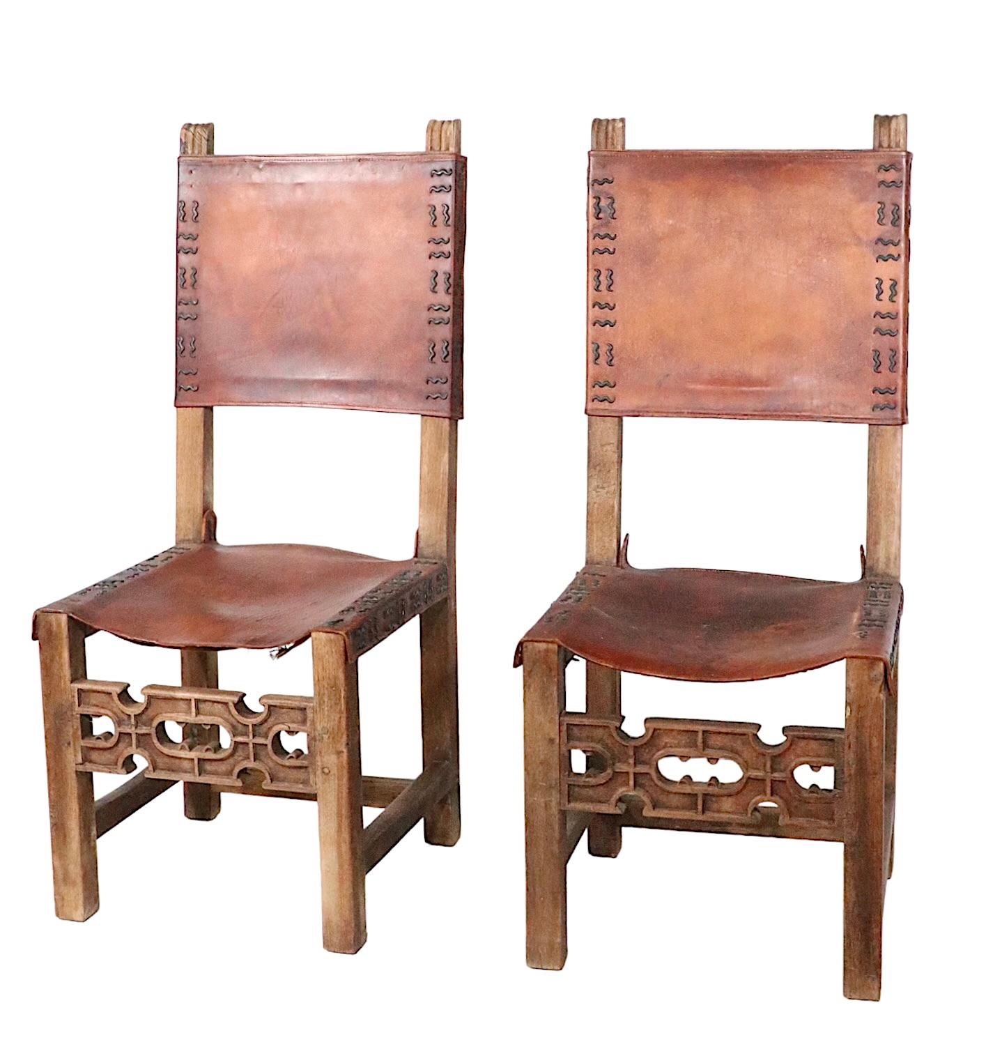 Antique Spanish Leather and Wood Dining Chairs For Sale 12