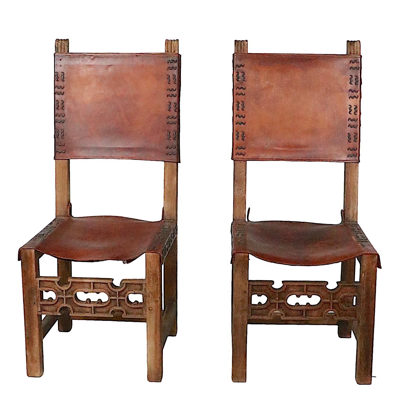 Antique Spanish Leather and Wood Dining Chairs For Sale 13
