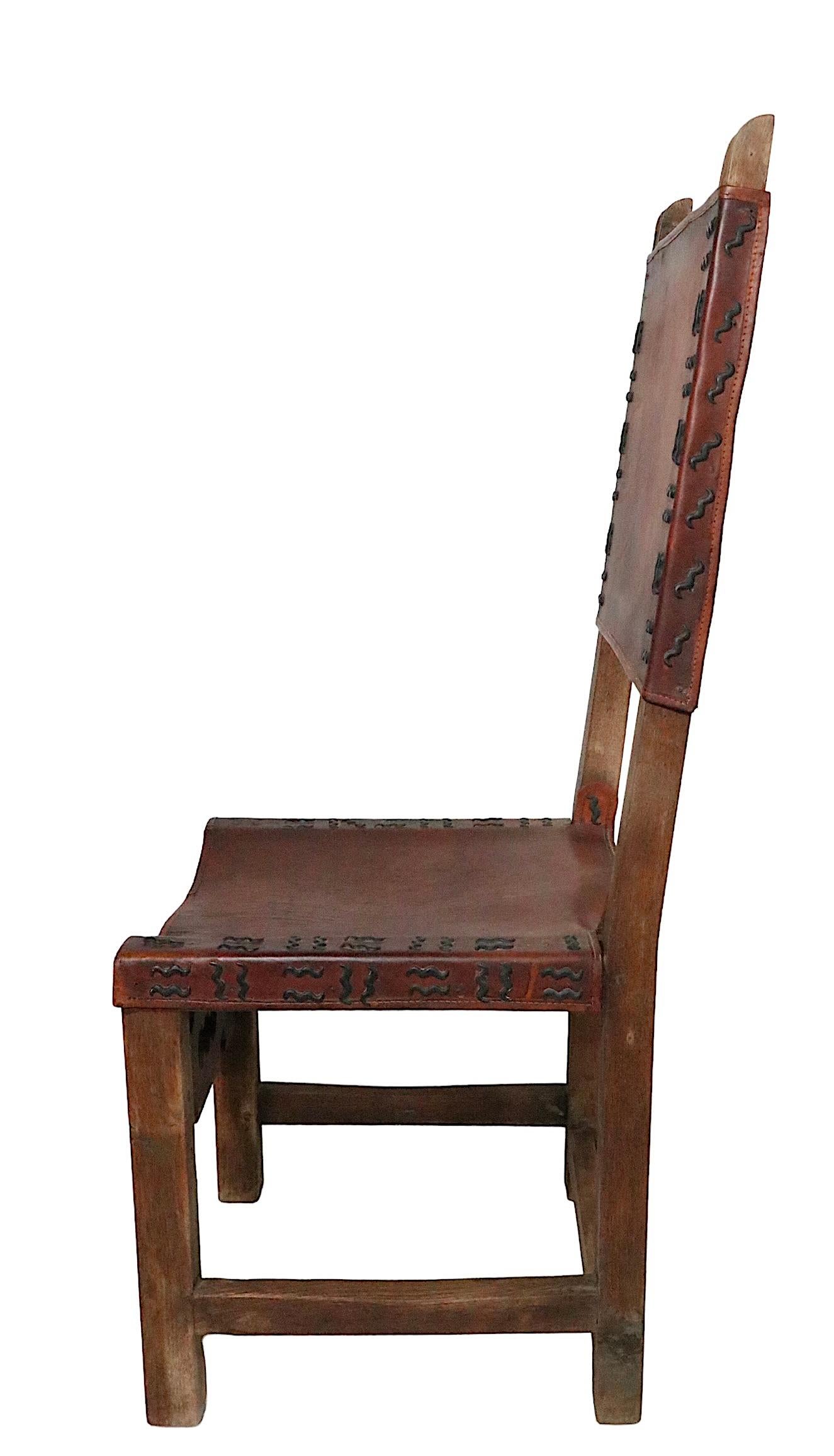 Antique Spanish Leather and Wood Dining Chairs In Good Condition For Sale In New York, NY