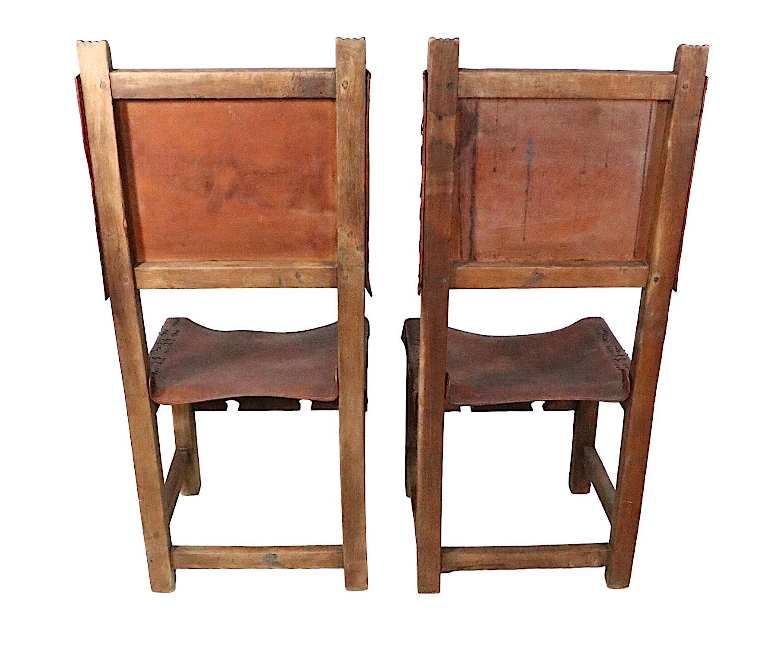 Antique Spanish Leather and Wood Dining Chairs For Sale 1