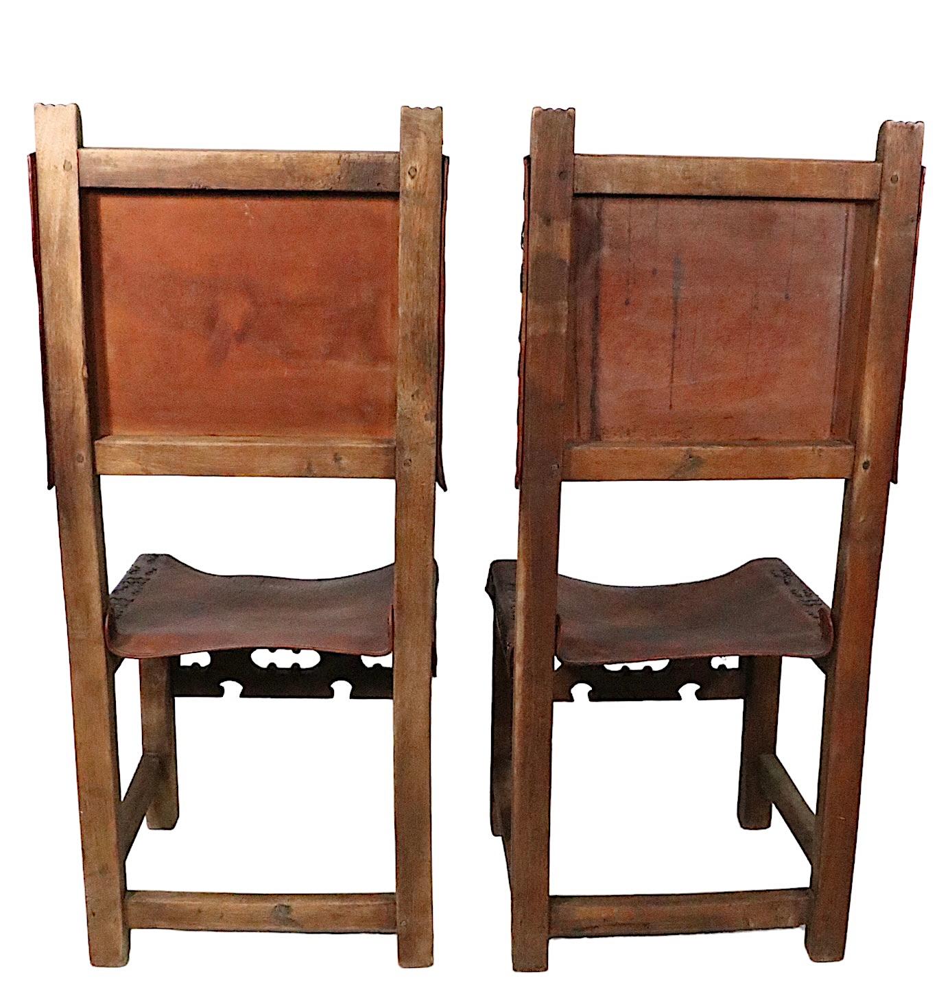 Antique Spanish Leather and Wood Dining Chairs For Sale 2