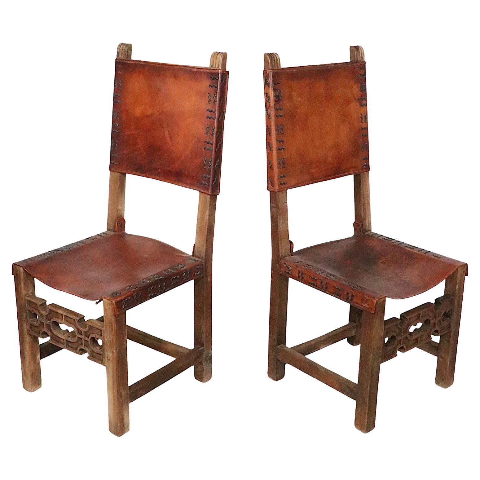 Antique Spanish Leather and Wood Dining Chairs For Sale