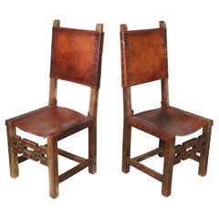 Antiche sedie da pranzo spagnole in pelle e Wood