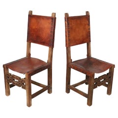 Antique Spanish Leather and Wood Dining Chairs