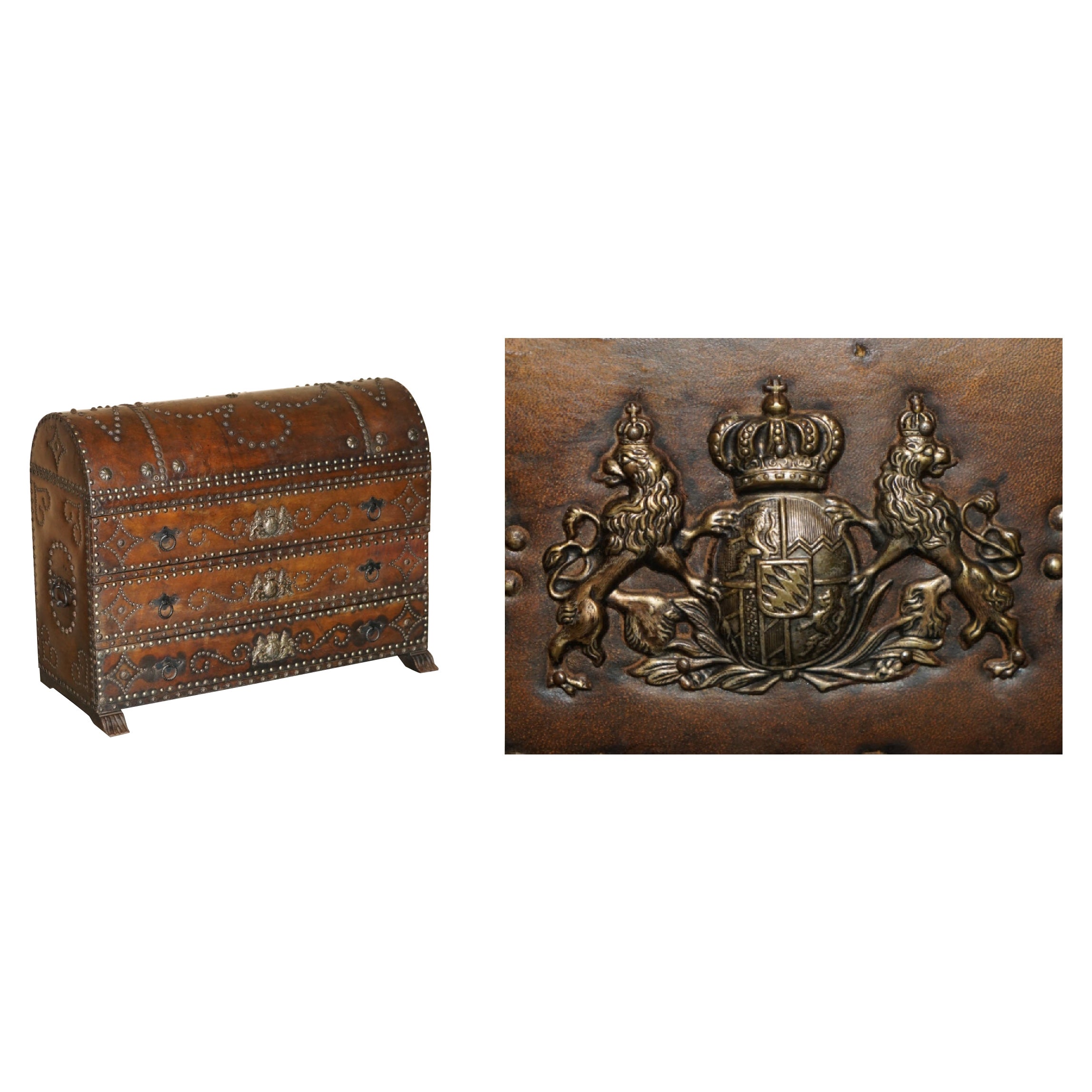 ANTIQUE SPANISH LEATHER DOMED TOP ARMORIAL CREST COAT OF ARMS CHEST OF DRAWERs For Sale