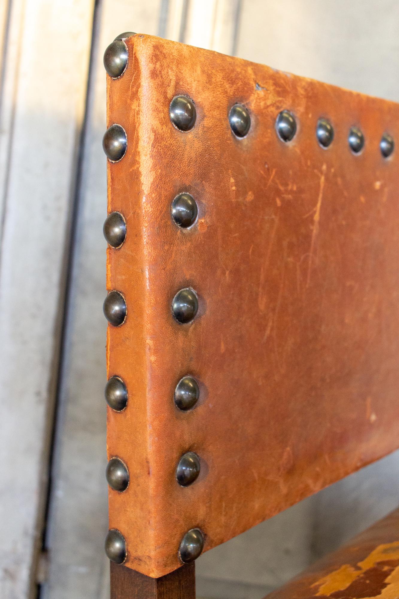 Antique Spanish Leather Side Chair with Brass Nailhead Detail For Sale 3