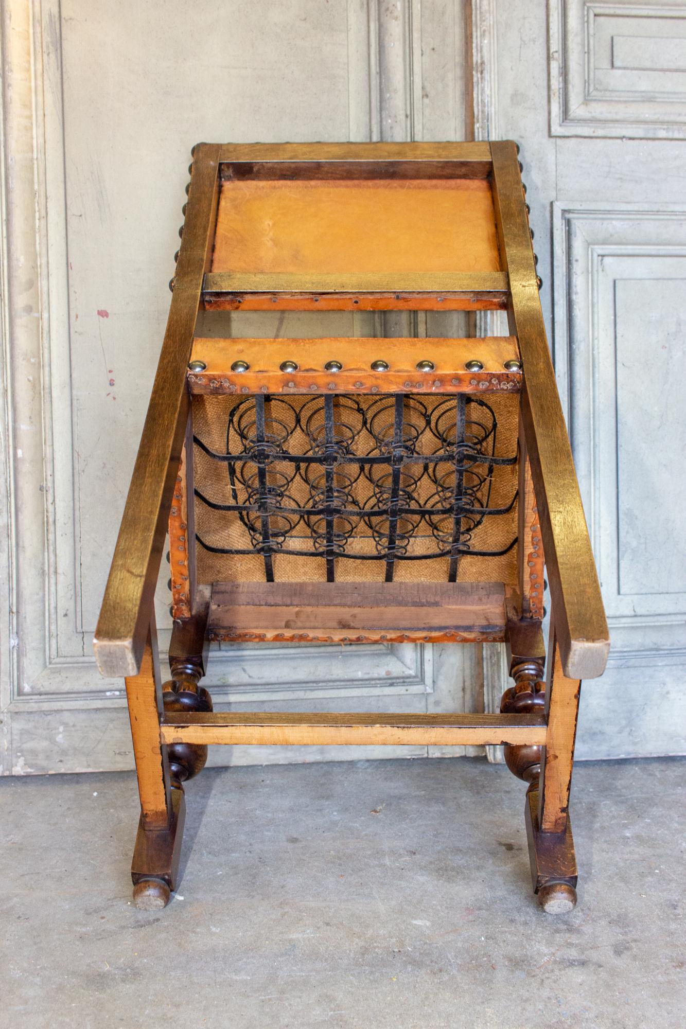 Antique Spanish Leather Side Chair with Brass Nailhead Detail For Sale 9