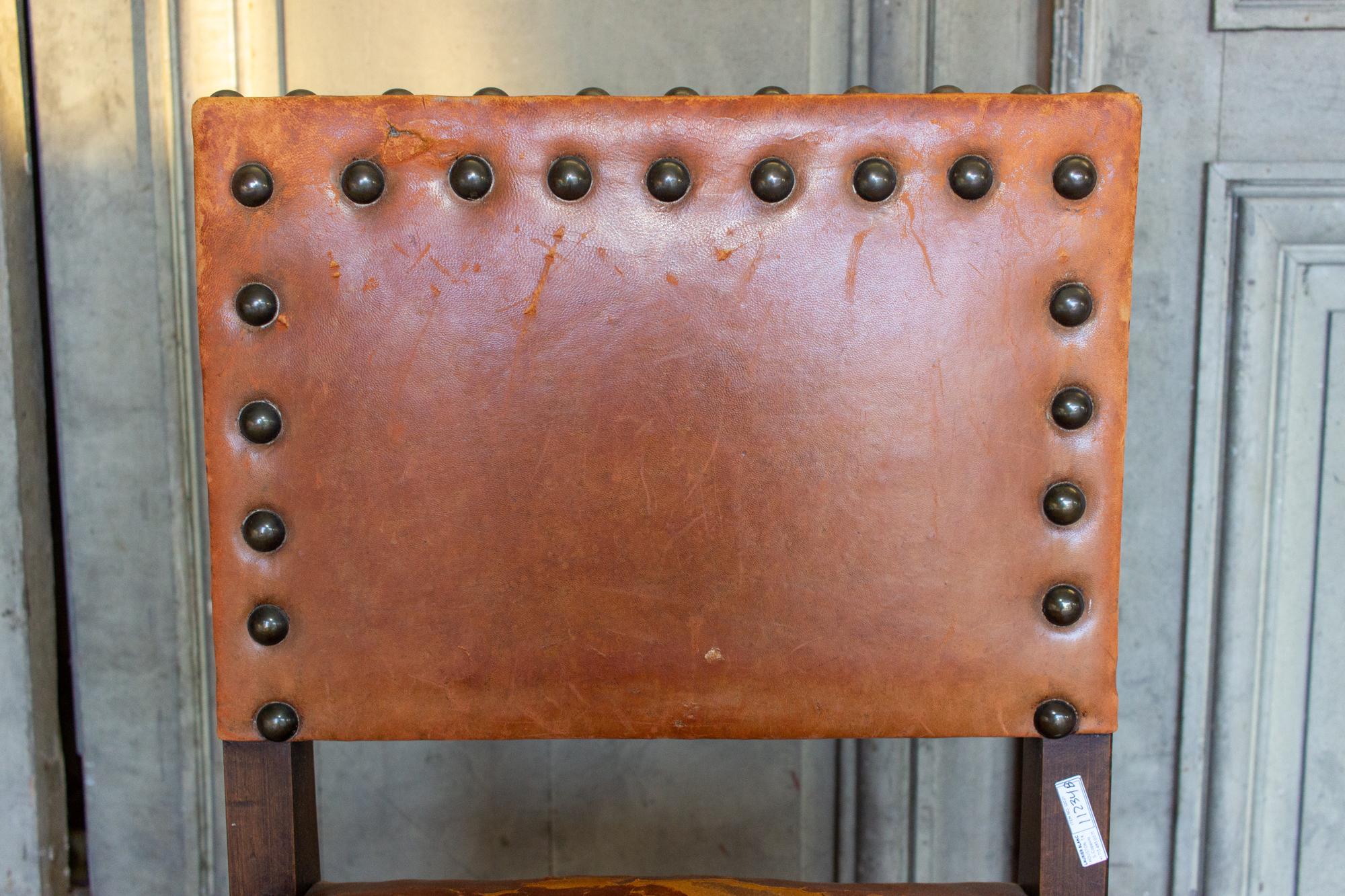 Antique Spanish Leather Side Chair with Brass Nailhead Detail In Fair Condition For Sale In Houston, TX