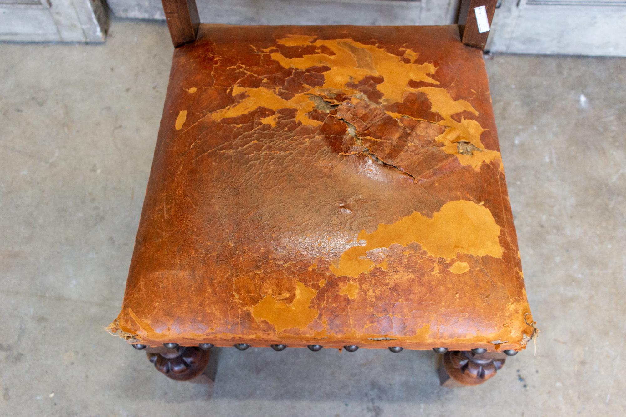 20th Century Antique Spanish Leather Side Chair with Brass Nailhead Detail For Sale