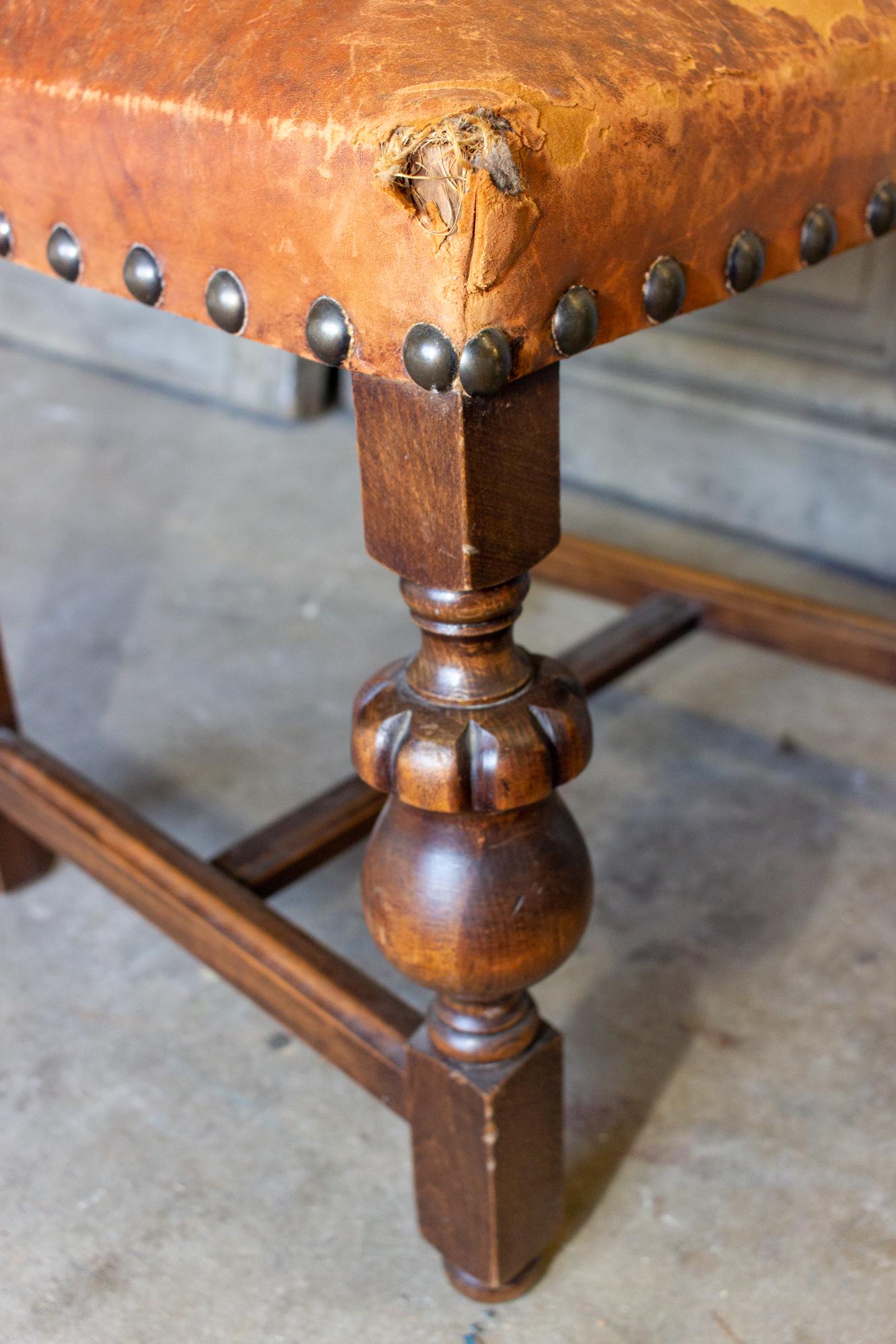 Wood Antique Spanish Leather Side Chair with Brass Nailhead Detail For Sale