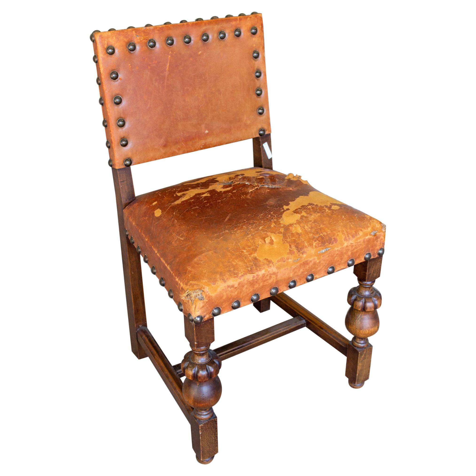 Antique Spanish Leather Side Chair with Brass Nailhead Detail For Sale
